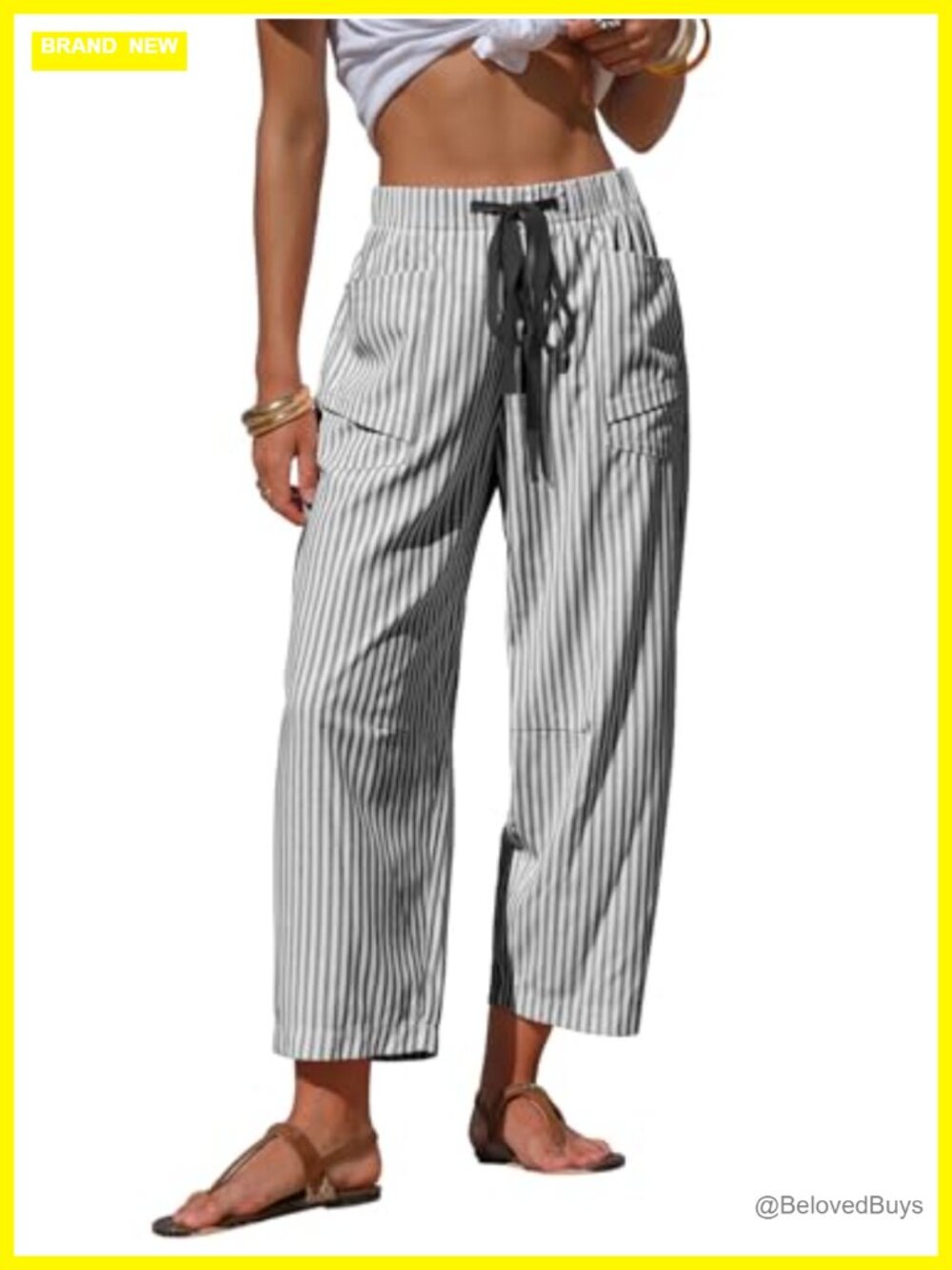 Faux Linen Striped Barrel Capri Pants Drawstring Trousers Flowy Beach Lounge